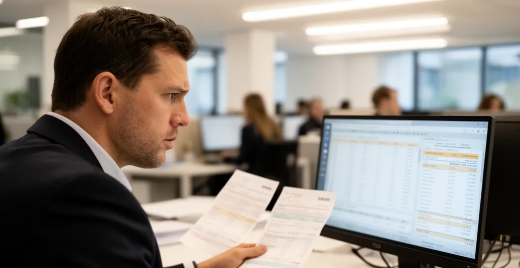 Comptable consultant une liste de factures sur écran avec expression concentrée