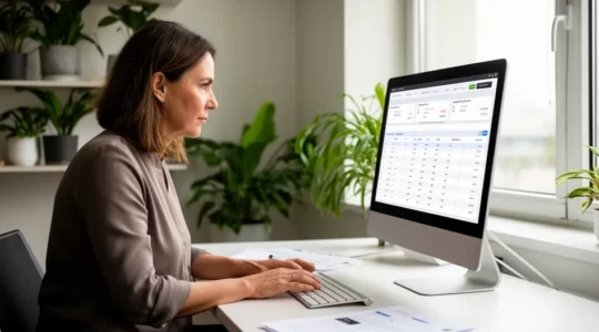 Responsable financière analysant un tableau de bord de trésorerie sur écran d'ordinateur