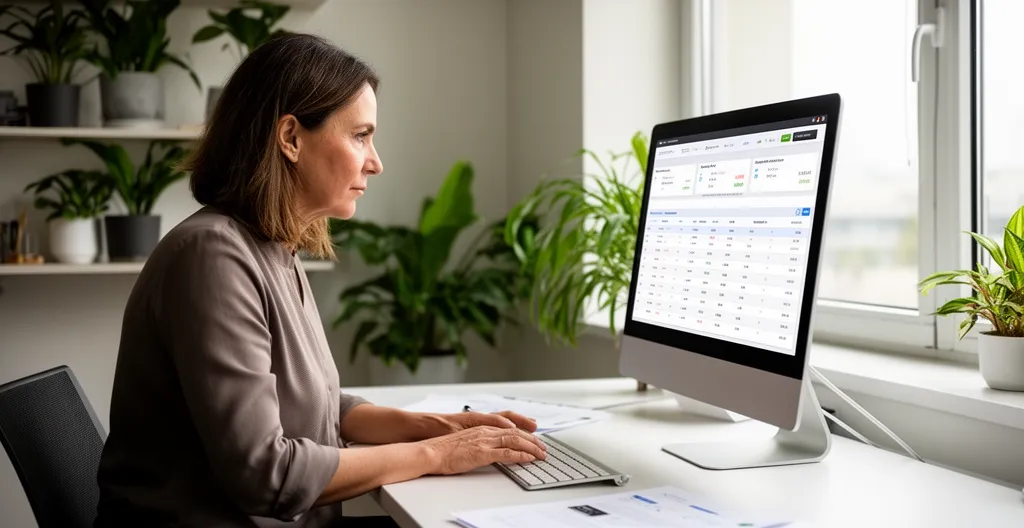 Responsable financière analysant un tableau de bord de trésorerie sur écran d'ordinateur