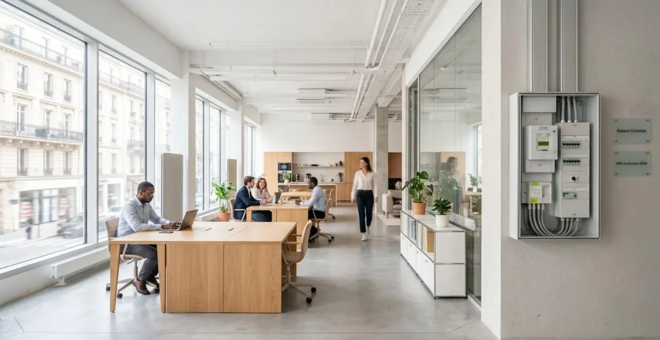 Vue grand angle d'un espace de travail professionnel contemporain avec un compteur électrique visible sur le mur