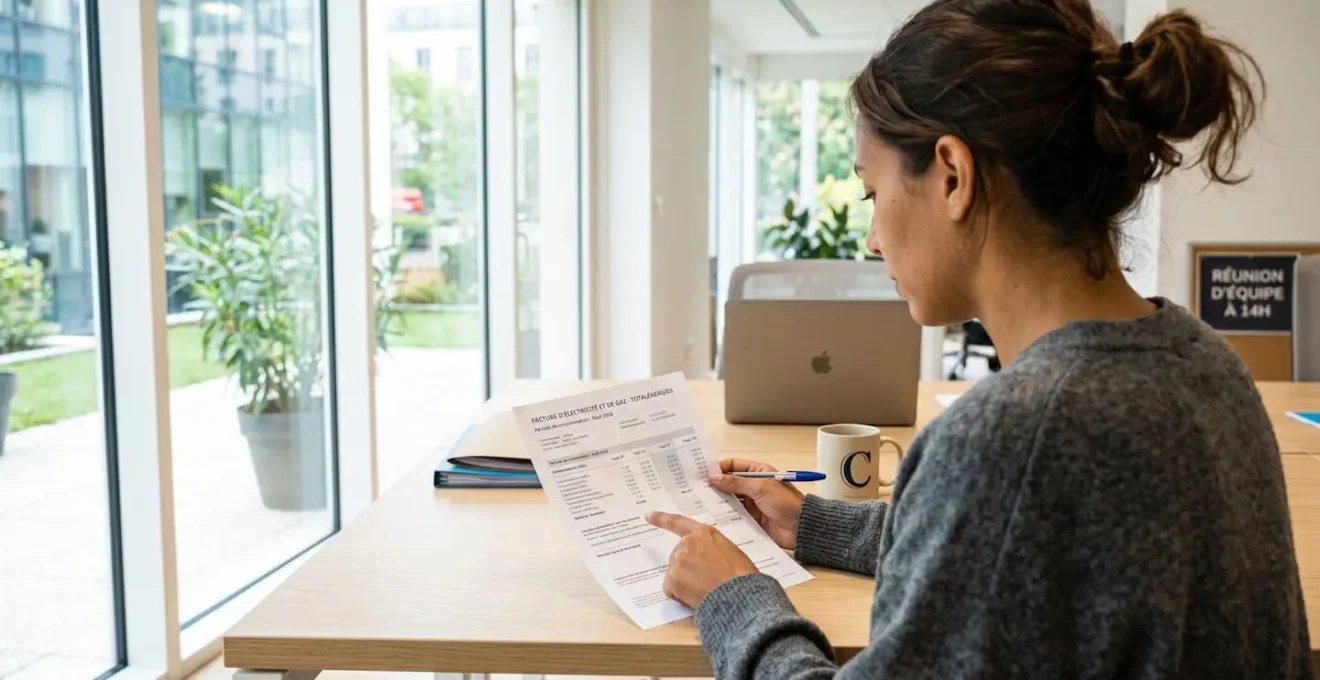 Un responsable administratif concentré examine une facture papier sur son bureau dans un environnement de travail lumineux