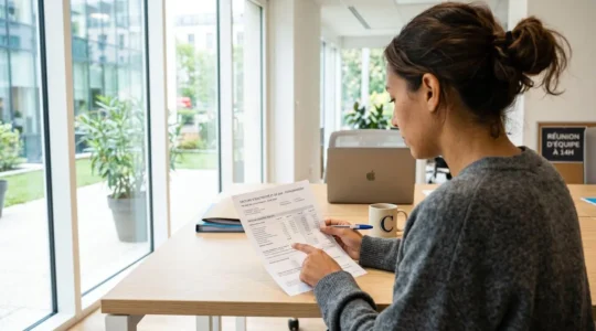 Un responsable administratif concentré examine une facture papier sur son bureau dans un environnement de travail lumineux
