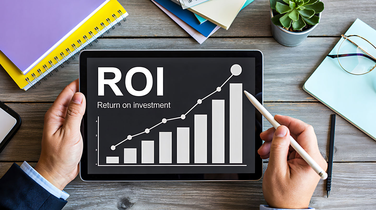Documents financiers et feuilles de calcul montrant les calculs de retour sur investissement d'une campagne SMS avec graphiques de performance