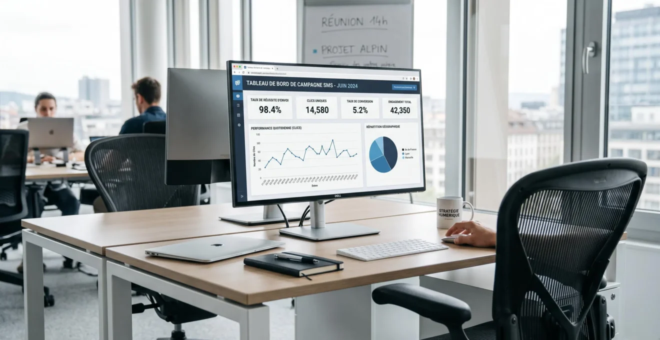 Bureau de marketing digital avec écran d'ordinateur affichant un tableau de bord d'analyse de campagne SMS avec métriques et graphiques