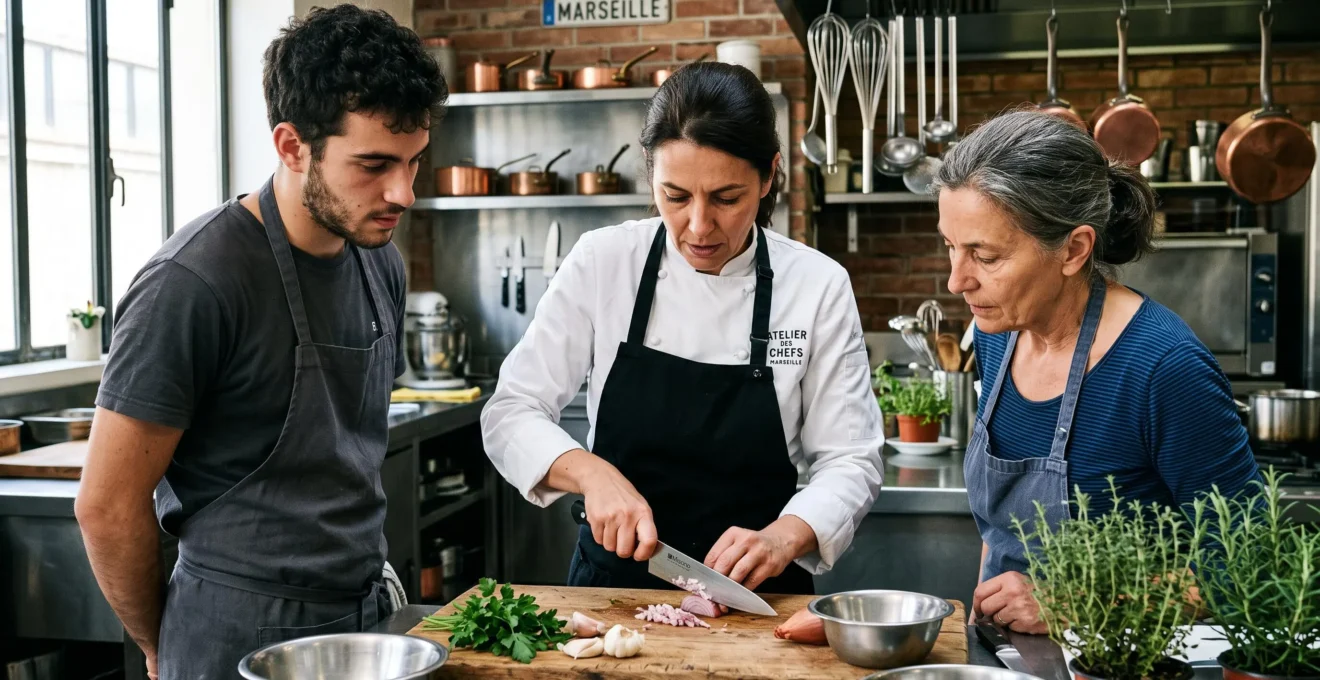 Chef cuisinier professionnel en veste blanche démontrant un geste technique de découpe à deux collaborateurs attentifs penchés sur une planche à découper dans un atelier cuisine contemporain