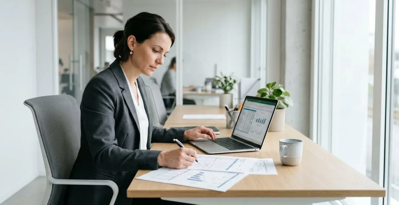 Consultant professionnel travaillant sur des calculs de simulation de salaire dans un bureau moderne avec ordinateur portable et documents financiers