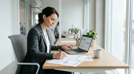 Consultant professionnel travaillant sur des calculs de simulation de salaire dans un bureau moderne avec ordinateur portable et documents financiers