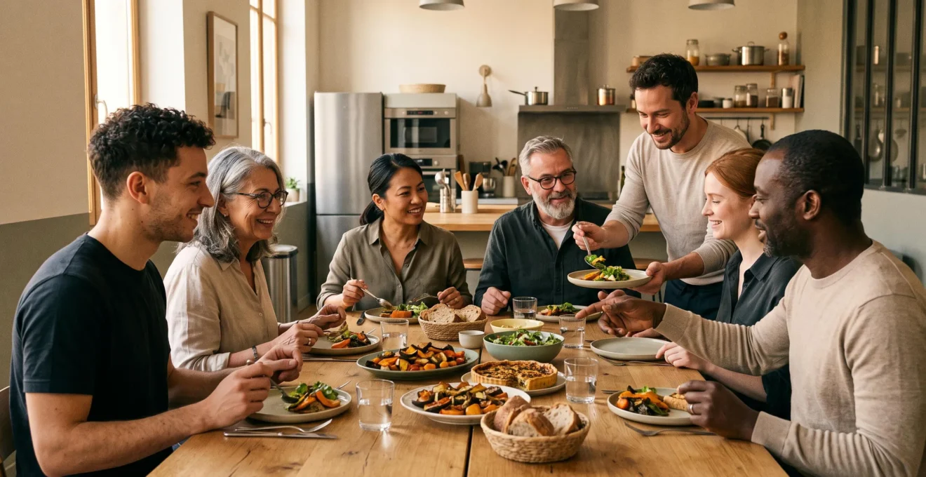 Six collaborateurs de profils variés assis autour d'une grande table en bois, dégustant ensemble dans une ambiance conviviale les plats qu'ils ont préparés lors de l'atelier culinaire