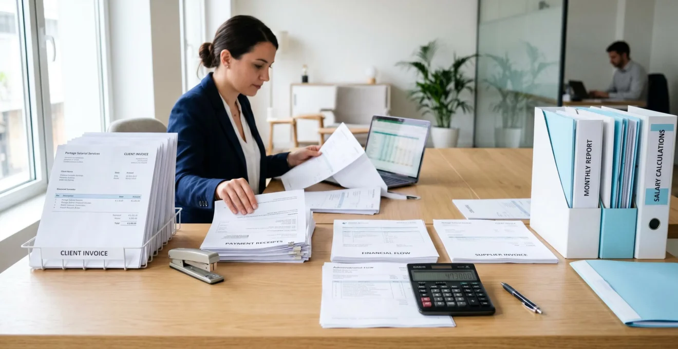 Documents de facturation et de gestion financière dans un environnement administratif professionnel de société de portage salarial