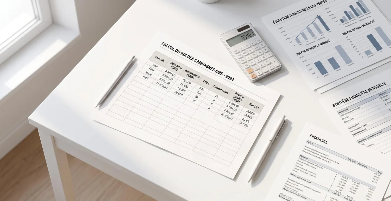 Documents financiers et feuilles de calcul montrant les calculs de retour sur investissement d'une campagne SMS avec graphiques de performance