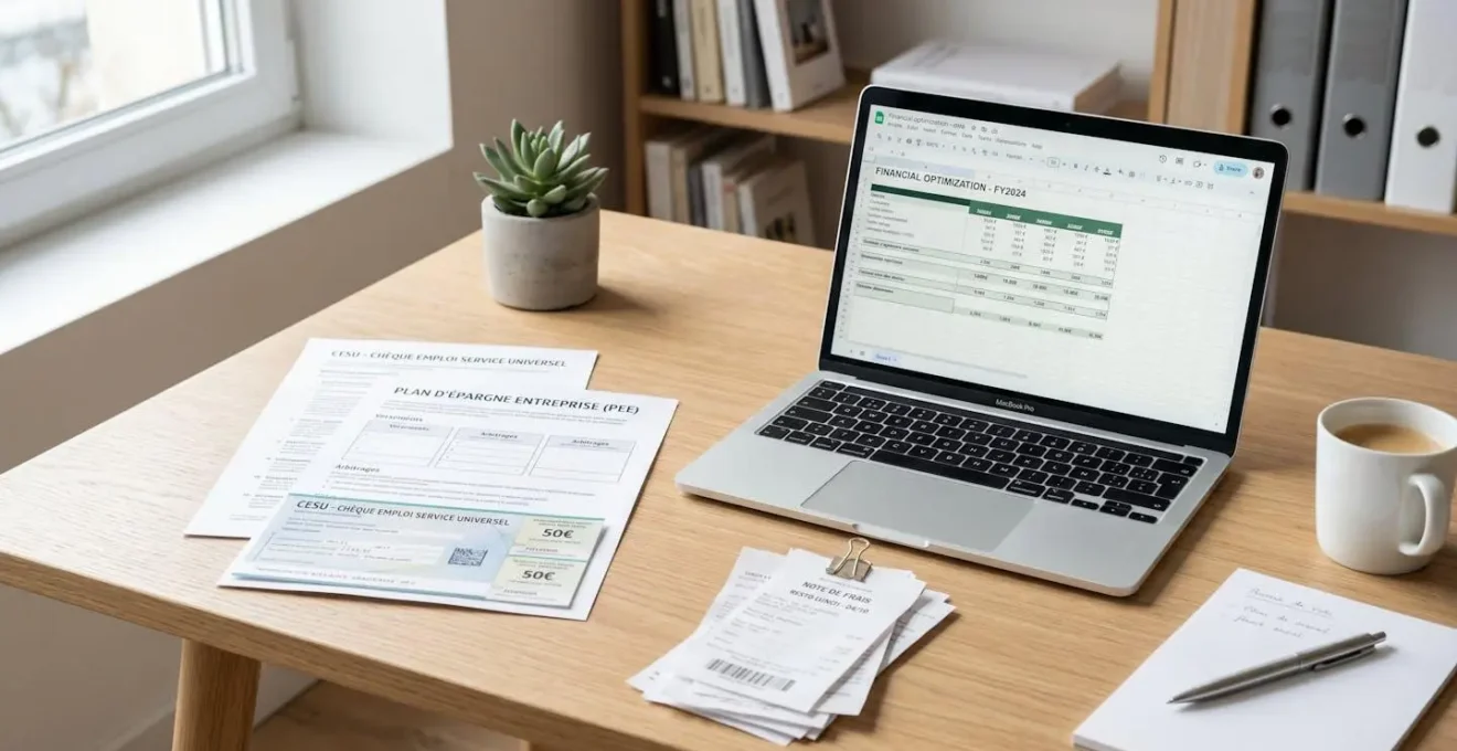 Documents d'optimisation financière incluant plans d'épargne entreprise et dispositifs fiscaux sur bureau moderne