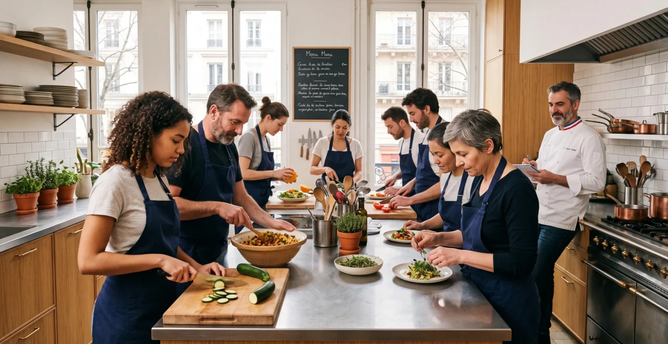 Équipe de sept collaborateurs de profils variés répartis autour d'un îlot de cuisine professionnel, préparant ensemble des légumes frais et mélangeant des préparations culinaires sous la supervision discrète d'un chef, dans un atelier lumineux à Paris