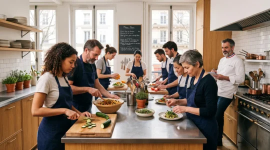 Équipe de sept collaborateurs de profils variés répartis autour d'un îlot de cuisine professionnel, préparant ensemble des légumes frais et mélangeant des préparations culinaires sous la supervision discrète d'un chef, dans un atelier lumineux à Paris