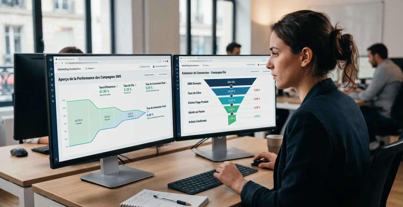 Professionnel du marketing analysant des données de conversion sur écrans d'ordinateur montrant des graphiques d'entonnoir de performance SMS