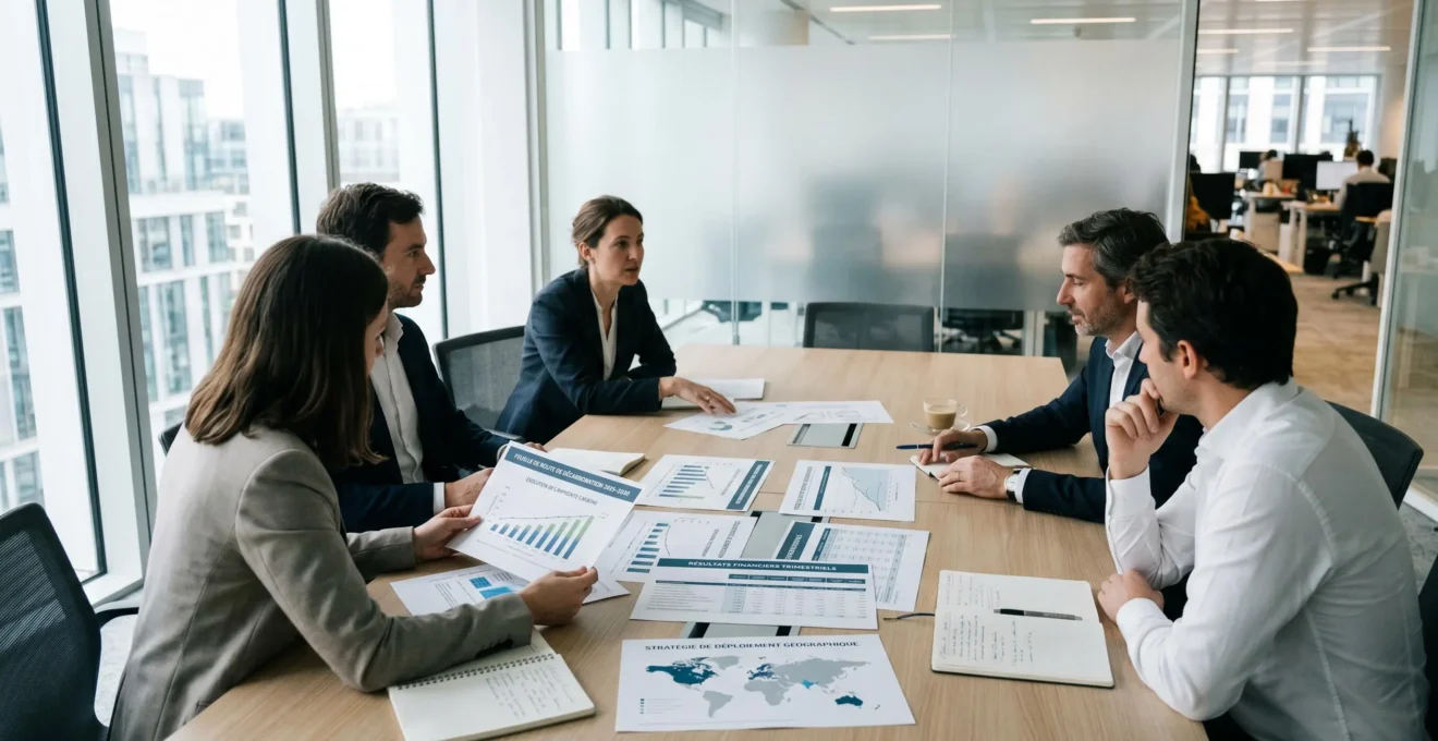 Réunion de planification stratégique avec documents financiers et roadmap de décarbonation sur table de conférence moderne