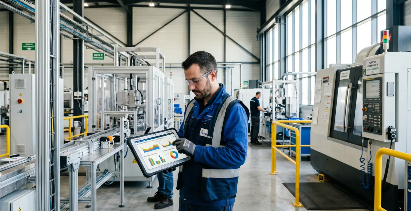 Technicien consultant une tablette numérique dans une installation industrielle moderne avec équipements de production visibles en arrière-plan