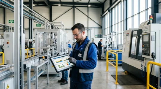 Technicien consultant une tablette numérique dans une installation industrielle moderne avec équipements de production visibles en arrière-plan