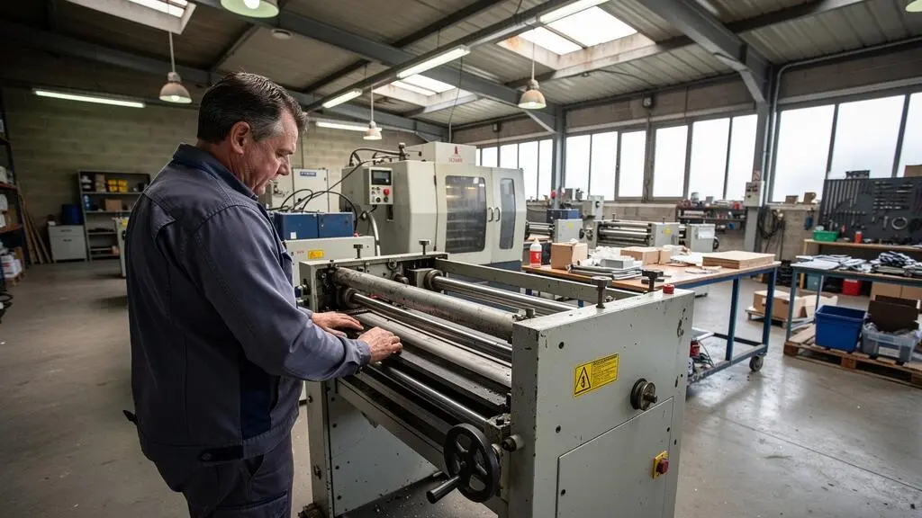 Chef d'entreprise français évaluant son équipement de production dans son atelier pour qualifier un projet d'investissement