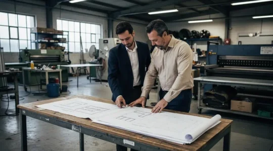 Conseiller en financement public et chef d'entreprise analysant ensemble des documents de projet dans un atelier industriel français