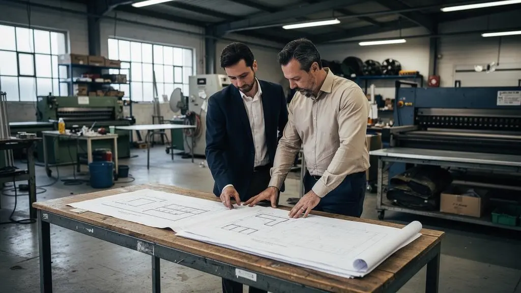 Conseiller en financement public et chef d'entreprise analysant ensemble des documents de projet dans un atelier industriel français