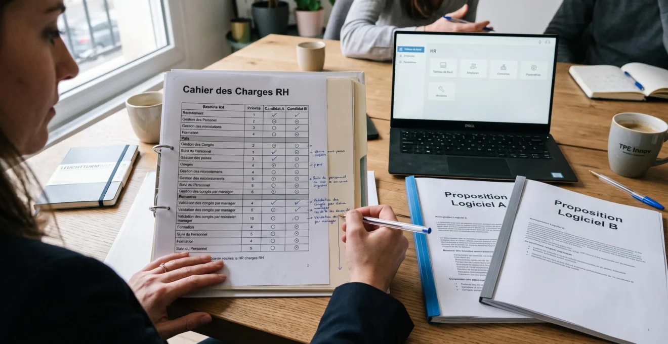Responsable examinant un cahier des charges RH et plusieurs propositions logicielles sur une table.