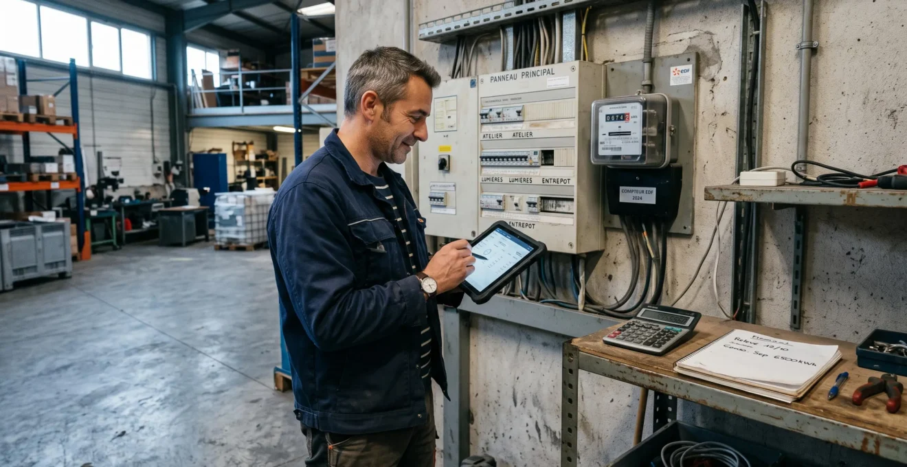 Un dirigeant relève son compteur électrique dans l'entrepôt de son entreprise française.