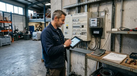 Un dirigeant relève son compteur électrique dans l'entrepôt de son entreprise française.