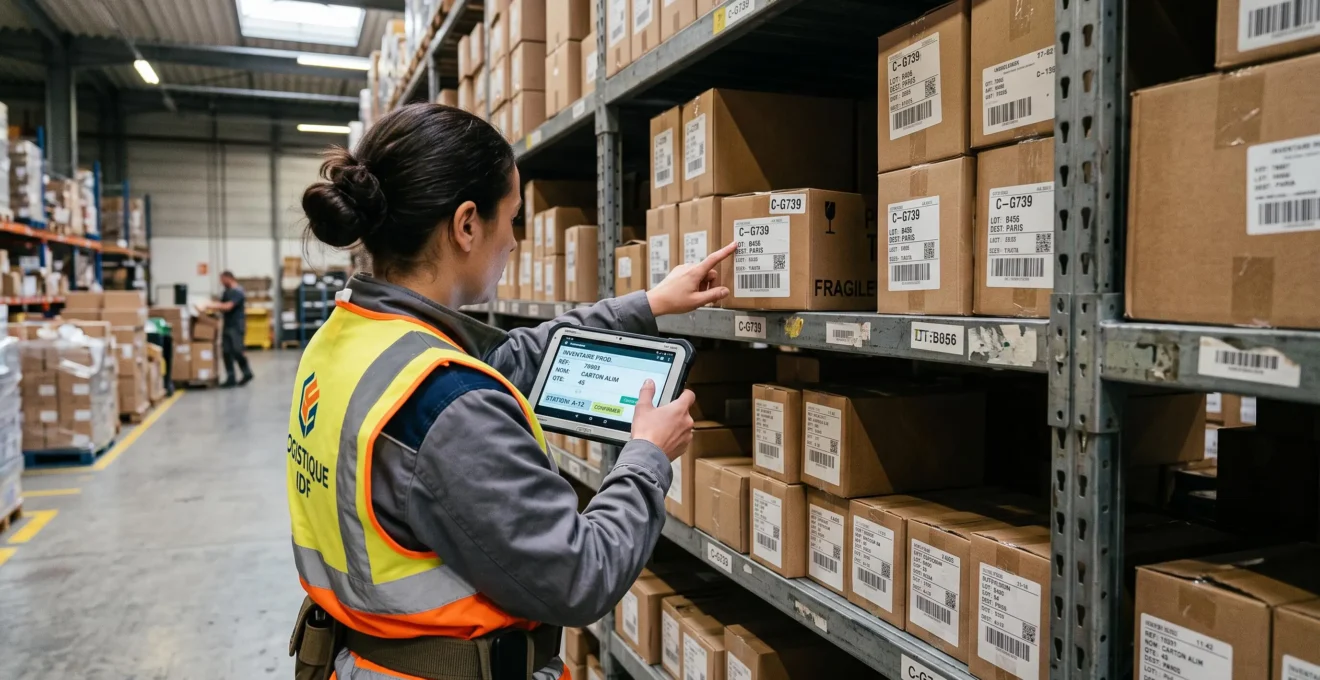 Un employé vérifie l'étiquette d'un carton sur une tablette dans un entrepôt.