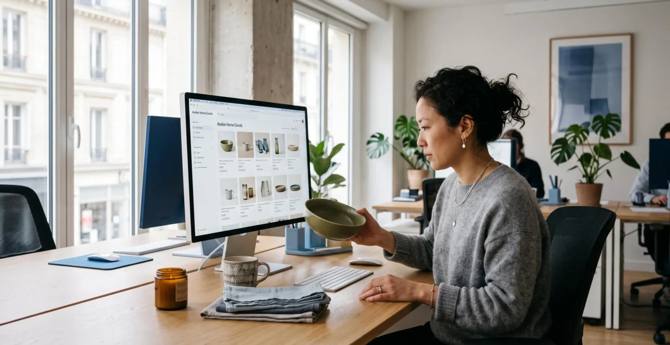 Une gestionnaire de catalogue compare un écran de données produits à un échantillon physique sur son bureau.