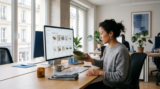 Une gestionnaire de catalogue compare un écran de données produits à un échantillon physique sur son bureau.